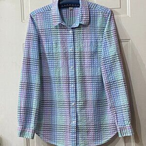 L.L. Bean Sz L Tall Women's Seersucker Blouse Shirt Long Sleeve Multi Check